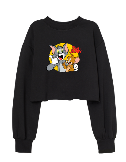 Tom and Jerry Cartoon Crop Hoodie - Classic Animation Sweatshirt for Women