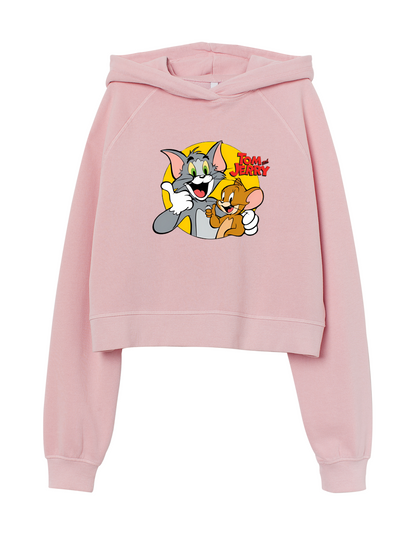 Tom and Jerry Cartoon Crop Hoodie - Classic Animation Sweatshirt for Women
